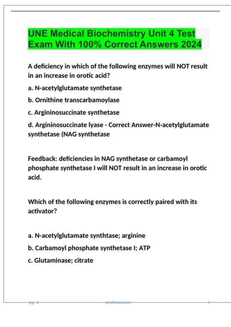 UNE Medical Biochemistry Unit 4 Test Exam With 100 Correct Answers