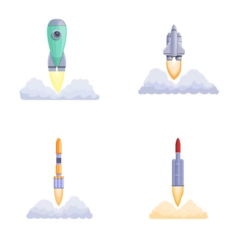 Iconos De Lanzamiento De Naves Espaciales Set Vector De Dibujos