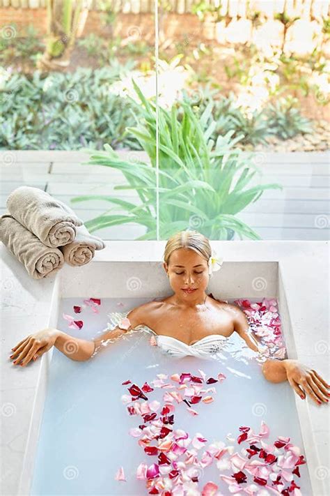 Health Beauty Woman Spa Body Care Relaxing Flower Rose Bath Stock