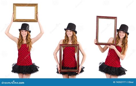 Pretty Girl In Red Polka Dot Dress With Picture Frame Isolate Stock