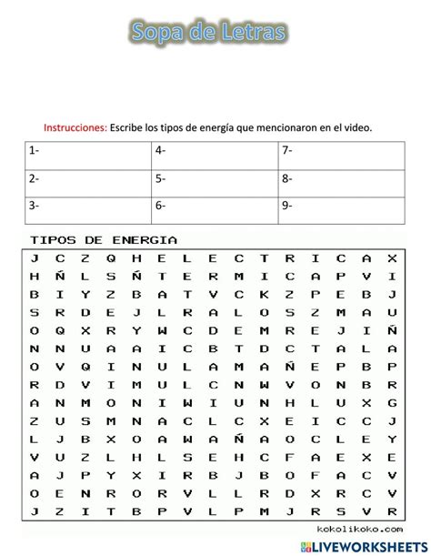 Tipos De Energia Sopa De Letras Worksheet