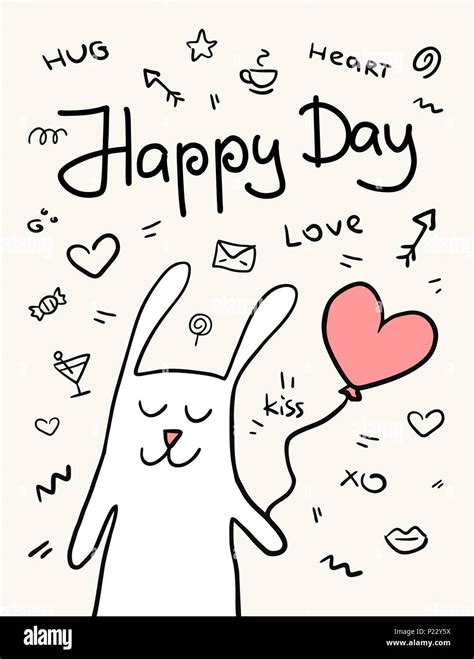 Happy Day Funny Cartoon Rabbit With Pink Heart Balloon Vector Love Card