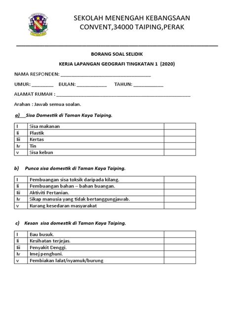 Contoh Borang Soal Selidik Geografi Tingkatan 1 Sisa Domestik Contoh Borang Soal Selidik Folio