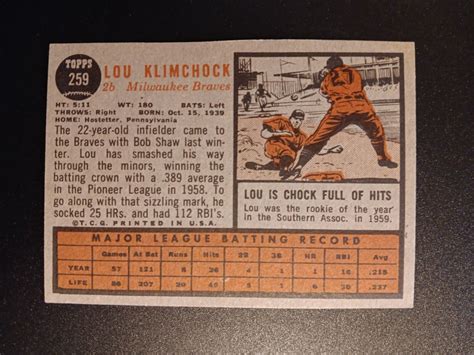 SET BREAK 1962 Topps Vintage Baseball EX 259 Lou Klimchock Milwaukee