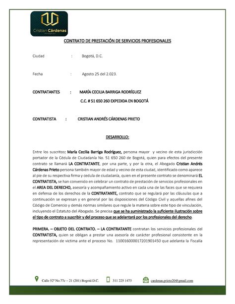 Contrato De Prestaci N De Servicios Profesionales Mar A Cecilia Barriga