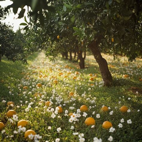 A Grove Of Orange Trees With Ripe Fruit And White Flowers On The Ground