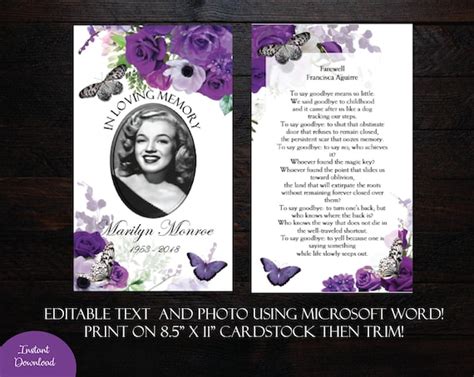 Diy Printable Funeral Prayer Card 3 X 5 Memorial Prayer Etsy