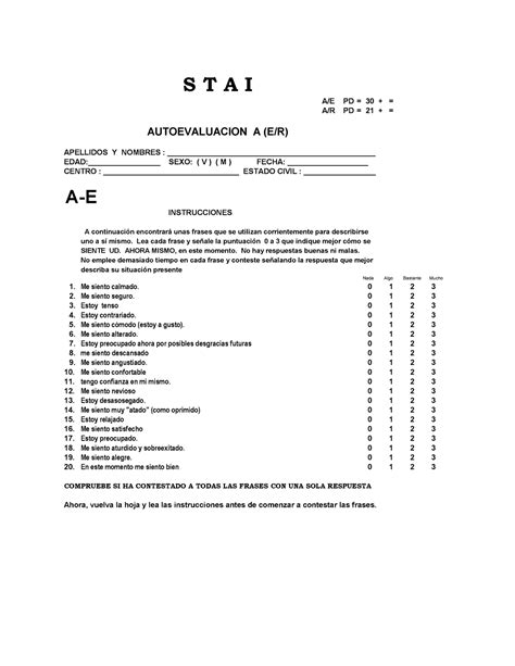 Stai Cuestionario Y Hoja De Respuesta Ae Pd 30 Ar Pd 21 Apellidos Y Nombres