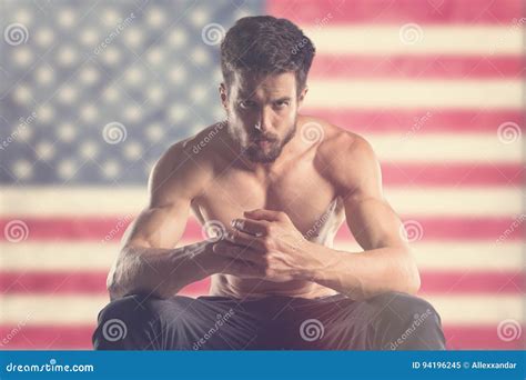 Muscular Man With Us Flag Behind Stock Image Image Of Chest Force