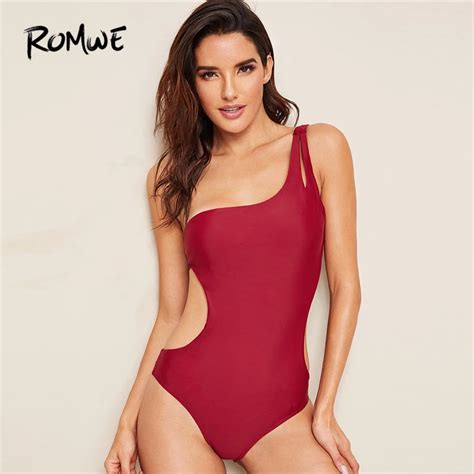 Romwe Sport Red One Shoulder Cut Out Backless Monokini One Piece