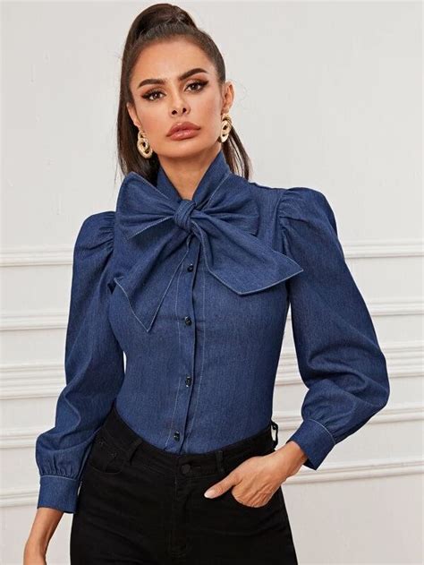 Bow Tie Neck Button Front Denim Blouse Denim Top Denim Blouse Women