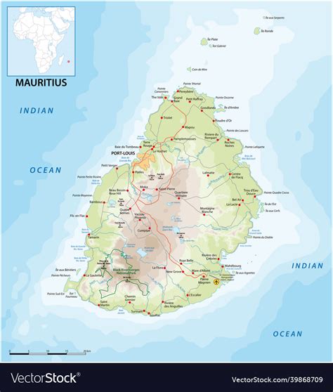 Road map of the island state mauritius Royalty Free Vector