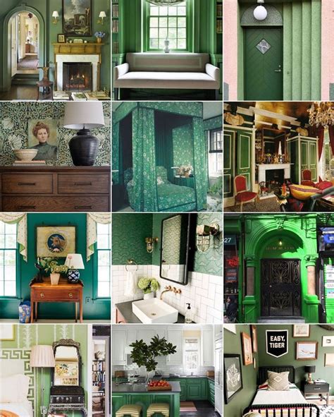 Many Different Rooms With Green Walls And Furniture