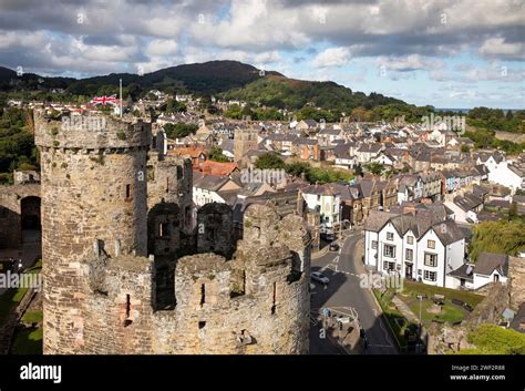 Uk Wales Gwynedd Conwy Conway Elevated View Of Town Centre From