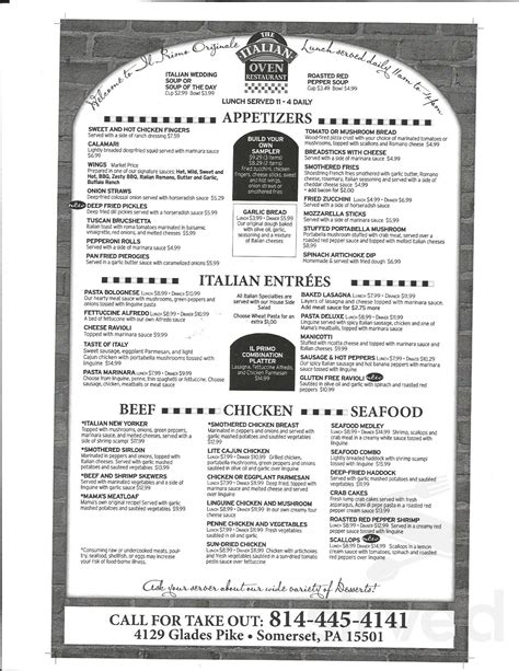 The Italian Oven Restaurant menu in Somerset, Pennsylvania, USA