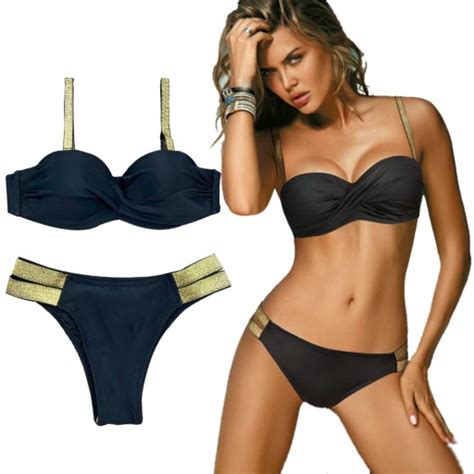 Str J K Pielowy Dwucz Ciowy Bikini Wyszczuplaj Cy Damski Czarny M