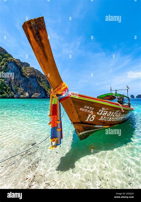 Long Tail Boat In Monkey Beach In Koh Phi Phi Don Island In Krabi