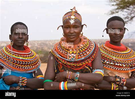 Africa Kenya Young Samburu Women In Colorful Traditional Dress At A