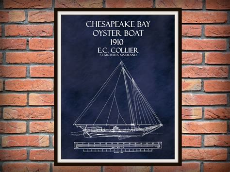 1910 Chesapeake Bay Oyster Boat Drawing, E.C. Collier Oyster Boat Print, Skipjack Boat Print ...