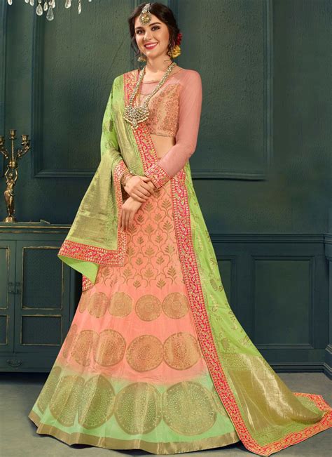 Peach Color Silk Indian Wedding Lehenga Choli 609