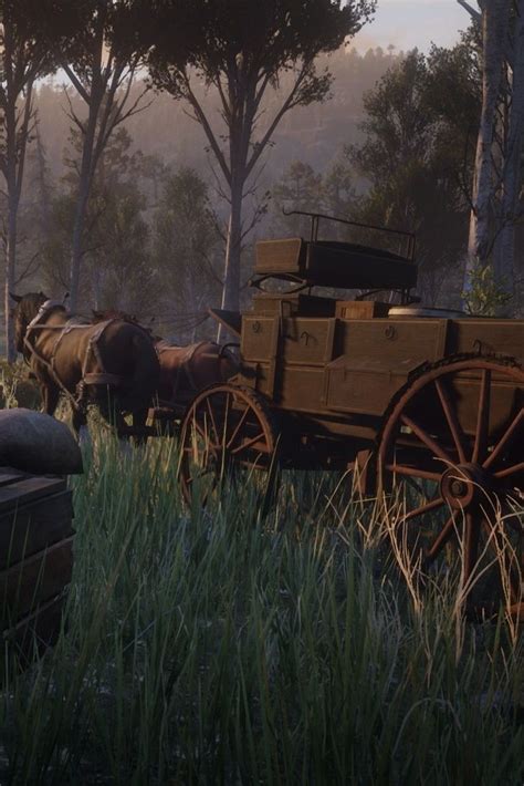 Two Brown Horses Are Hitched To A Wagon Facing Away From The Viewer