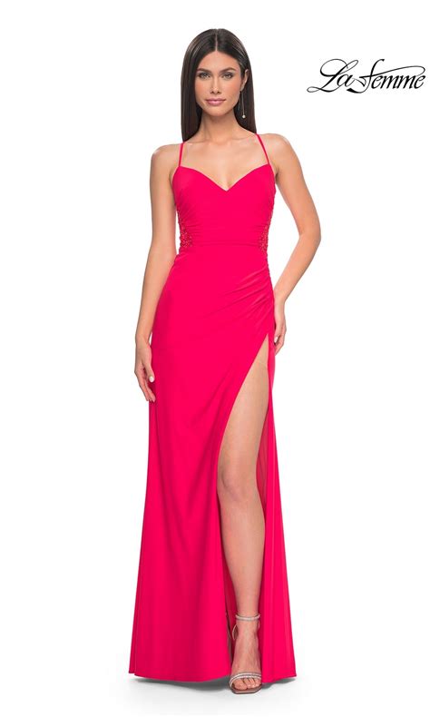 Hot Coral Pink Long Prom Dress With Strappy Open Back