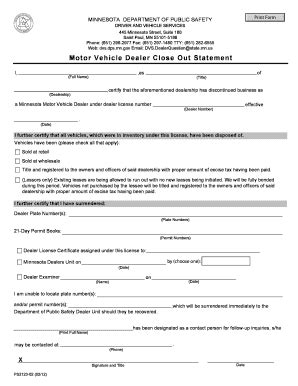 Fillable Online Dps Mn Dealer Close Out Form Minnesota Department Of