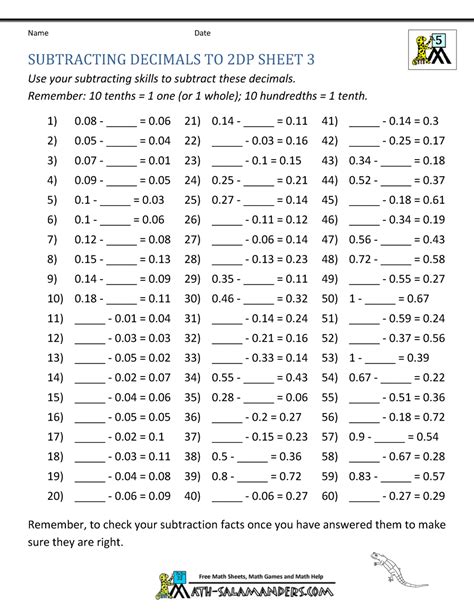 Math Worksheets Decimals Subtraction