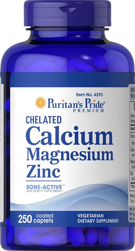 Puritans Pride Chelated Calcium Magnesium Zinc 250 Caplets Vitamins And Lifestyle Supplements