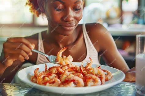 Premium Photo Black Woman Relishes Cooked Prawns