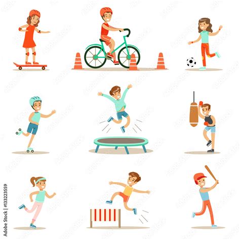 Kids Practicing Different Sports And Physical Activities In Physical Education Class Gym And ...