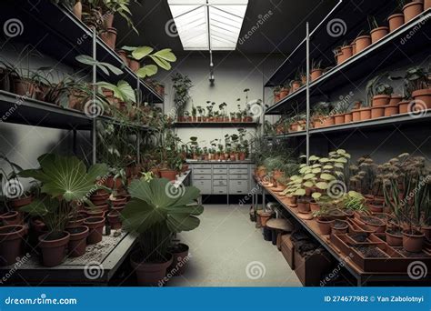 Botany Lab With Rows Of Potted Plants Generative Ai Stock Illustration