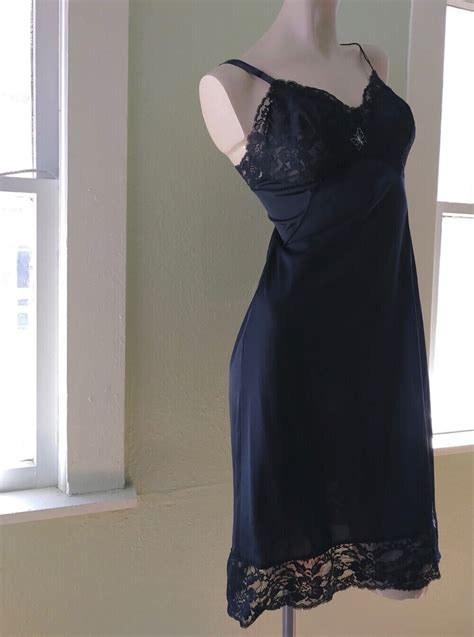Vintage S Silky Black Lingerie Full Slip Dress Sz Gem