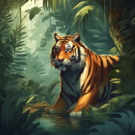 Premium Photo Tiger In The Jungle Digital Art