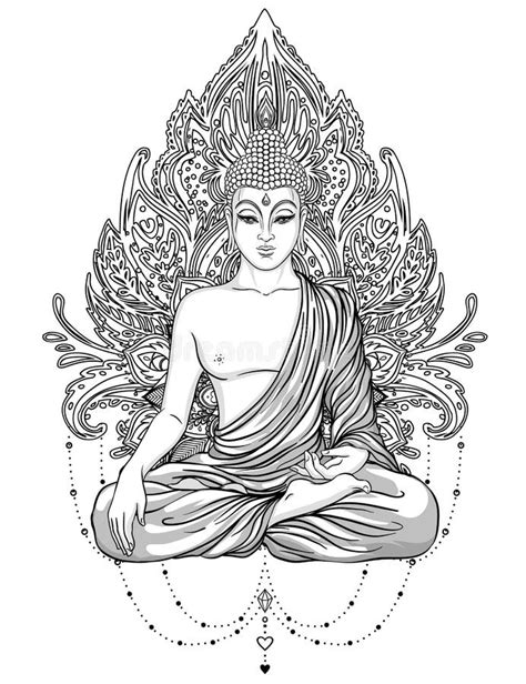 Buddha Over Ornate Mandala Round Pattern Esoteric Vintage Vector