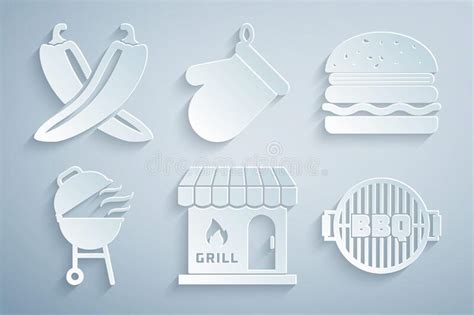 Set Barbecue Shopping Building Burger Grill Oven Glove And Crossed Hot Chili Pepper Pod Icon