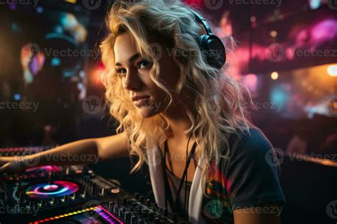 Beautiful girl dj playing music at party with colorful lights on ...