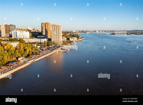 Aerial of Khabarovsk and the Amur river, Khabarovsk Krai, Russia Stock ...