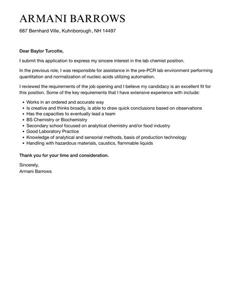 Cover Letter Chemistry Lab Assistant