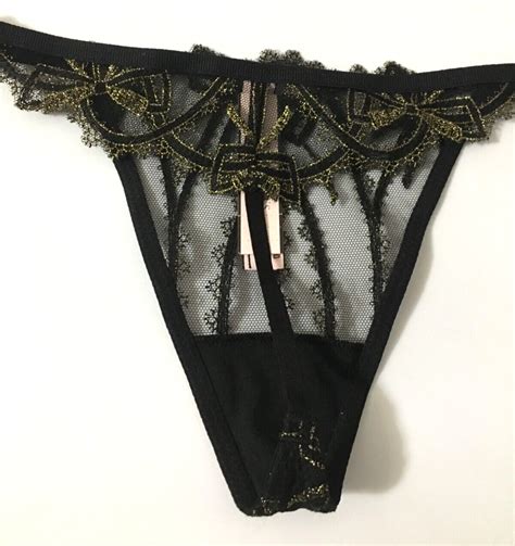 Victorias Secret Dream Angels Black Shine And Lace V String Thong Size S