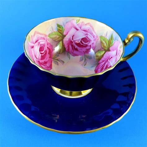 Huge Cabbage Rose With Cobalt Blue Oban Shaped Aynsley Tea Cup And