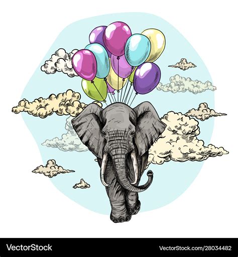 Elephant Flying With Air Balloons In Sky Vector Image