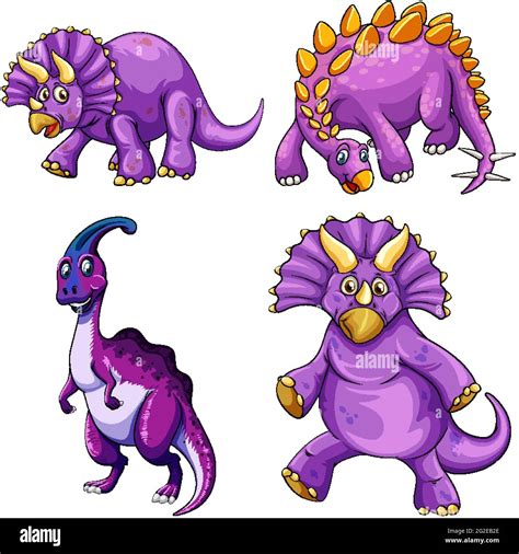 Set Of Purple Dinosaur Cartoon Character Illustration Stock Vector