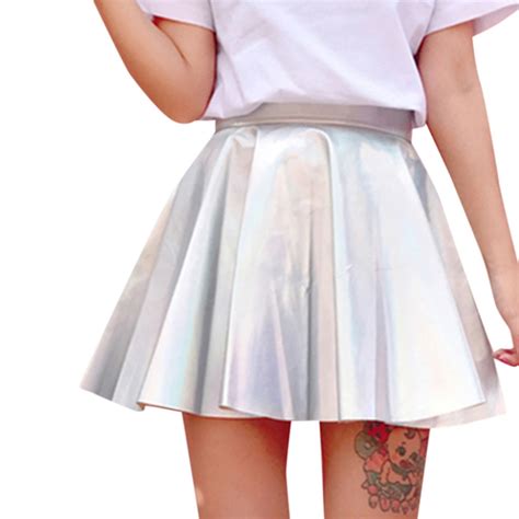 Neue Frauen Feste Holographische Plissee R Cke Sexy Hohe Taille Mini