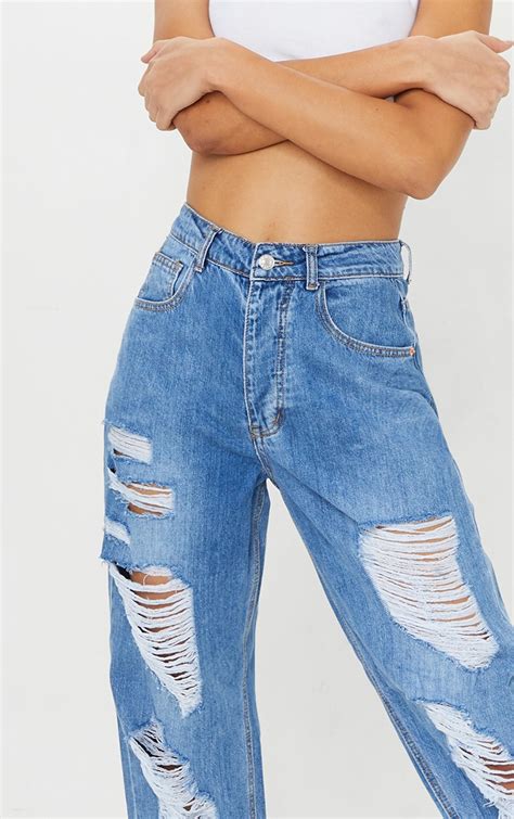 Plt Mid Blue Distressed Boyfriend Jeans Prettylittlething Ca