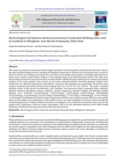 PDF Bacteriological And Physico Chemical Assessment Of Untreated