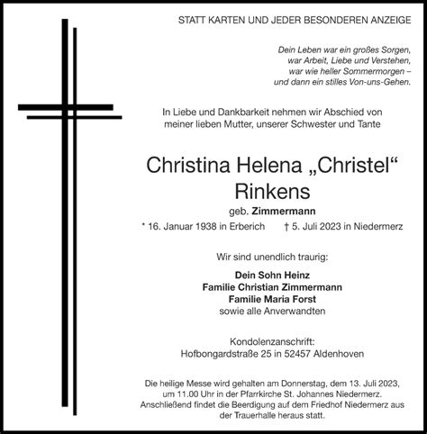 Traueranzeigen Von Christina Helena Rinkens Aachen Gedenkt