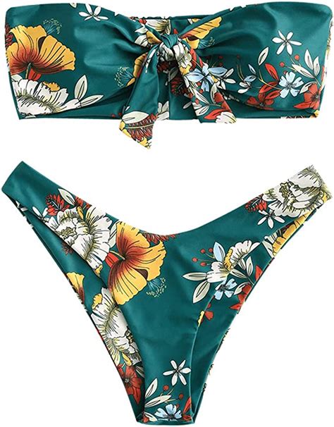 Zaful Womens Floral Print Bandeau Bikini Set High Cut