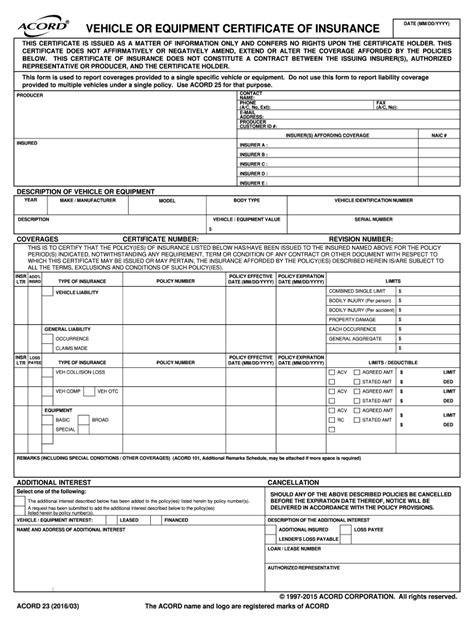 Vehicle Or Equipment Certificate Of Insurance Fill Online Printable