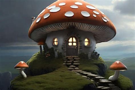 Premium Photo Fantasy Small Mushroom House In A Forest Sitting On